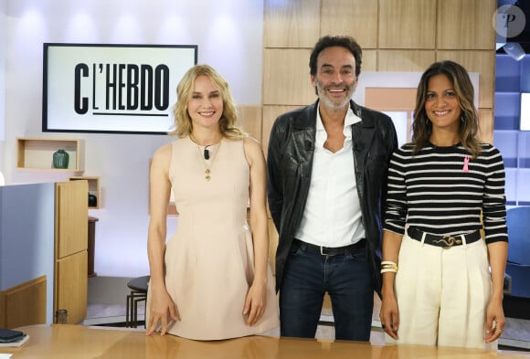 Exclusif - Diane Kruger, Anthony Delon, Aurélie Casse lors de l'enregistrement de l'émission "C l'Hebdo" présentée par A.Casse à Paris le 29 septembre 2023. © Coadic Guirec / Bestimage 