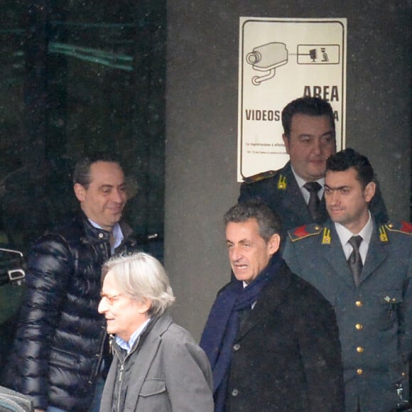 Exclusif -Diego Della Valle, (Pdg de Tod's), Nicolas Sarkozy, Vincent Perez et sa femme Karine Silla arrivent à l'aéroport de Turin en Italie pour la présentation du nouveau livre de Marisa Bruni Tedeschi "je vais vous raconter" à Turin en Italie le 6 mars 2017. 