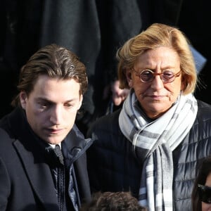 Pierre Sarkozy, Jean Sarkozy et Isabelle Balkany - Sorties des obsèques de Andrée Sarkozy (mère de N.Sarkozy), dite Dadue née Andrée Mallah, en l'église Saint-Jean-Baptiste à Neuilly-Sur-Seine. Le 18 décembre 2017 