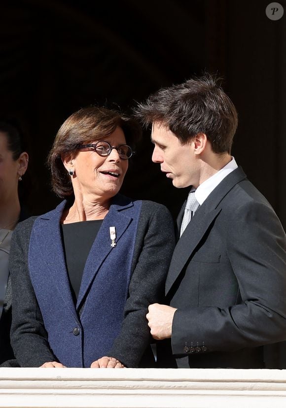 La princesse Stéphanie de Monaco et Louis Ducruet - La famille princière de Monaco au balcon du palais, à l'occasion de la Fête Nationale de Monaco, le 19 novembre 2024. © Jacovides-Bebert/Bestimage 