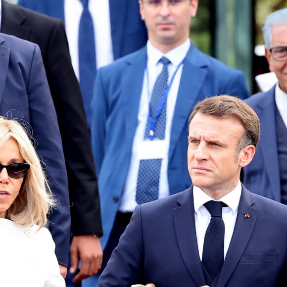 Cérémonie de départ du Président de la Républiquefrançaise Emmanuel Macron et sa femme la Première Dame Brigitte Macron en présence de Aziz Akhannouch, chef du gouvernement du Maroc à l'aéroport de Salé au nord de Rabat le 30 octobre 2024. © Dominique Jacovides/Bestimage 