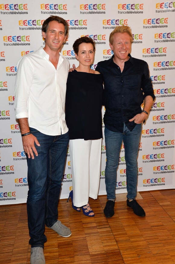 Raphaël de Casabianca, Sophie Jovillard, Jérôme Pitorin lors du photocall de la présentation de la nouvelle dynamique 2017-2018 de France Télévisions. Paris, le 5 juillet 2017. © Guirec Coadic/Bestimage 