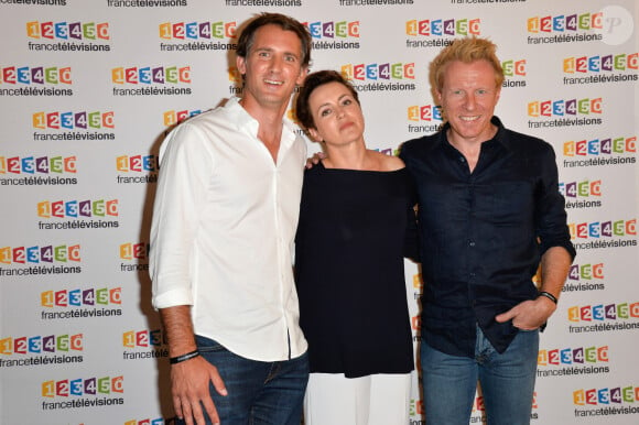 Raphaël de Casabianca, Sophie Jovillard, Jérôme Pitorin lors du photocall de la présentation de la nouvelle dynamique 2017-2018 de France Télévisions. Paris, le 5 juillet 2017. © Guirec Coadic/Bestimage 