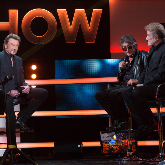 Exclusif - Michel Drucker, Jacques Dutronc et Eddy Mitchell - Enregistrement de l'émission "Le Grand Show : Spécial Johnny Hallyday", qui sera diffusée sur France 2 le 28 novembre © Cyril Moreau / Bestimage 