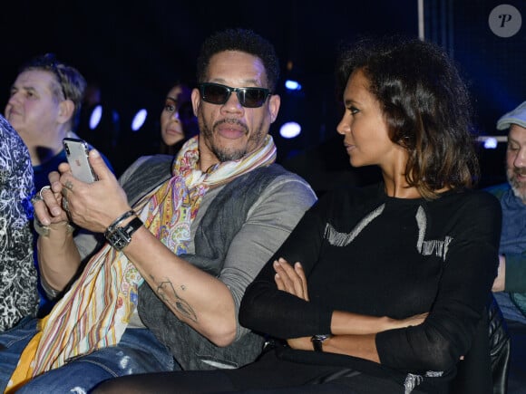 Didier Morville, dit JoeyStarr (Joey Starr) et sa compagne Karine Le Marchand - People au match de boxe "La Conquête" Acte 4 T.Yoka VS C.Leonet au palais des sports de Paris le 7 avril 2018 (Victoire de T.Yoka au 5 ème round) © Pierre Perusseau / Bestimage 