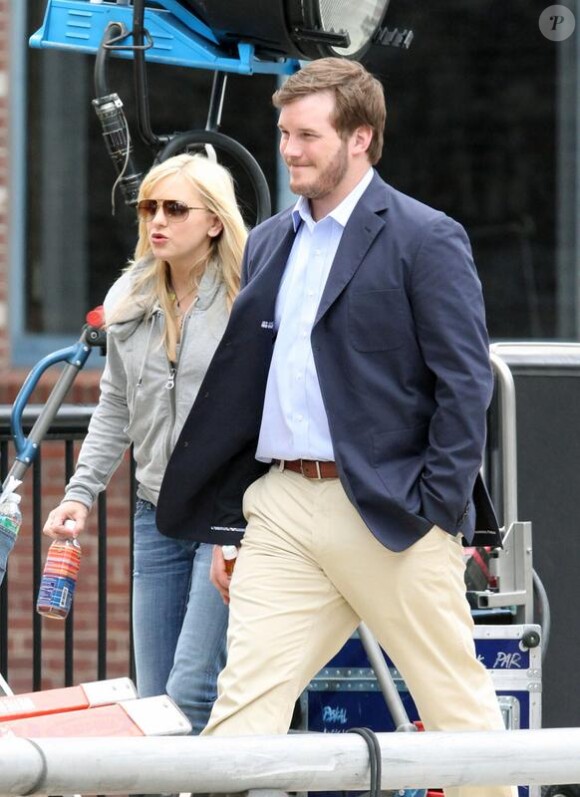 Anna Faris et son époux Chris Pratt, sur le tournage du film What's your number ?, le mardi 18 mai, à Boston.