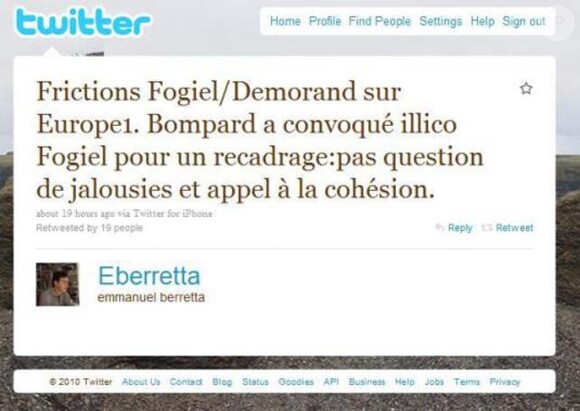 Compte Twitter d'Emmanuel Berretta, lundi 23 août 2010