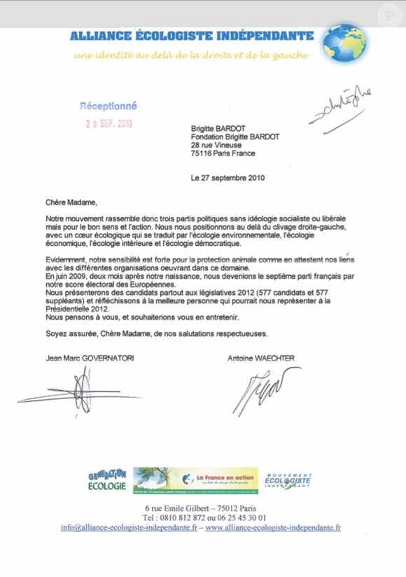 La lettre envoyée par l'Alliance Ecologiste Indépendante à Brigitte Bardot en septembre 2010.