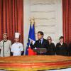 Nicolas Sarkozy a dégusté vendredi 14 janvier 2011 à l'Elysée la traditionnelle "galette républicaine" qu'offre chaque année au Président la Confédération nationale de la boulangerie-pâtisserie.