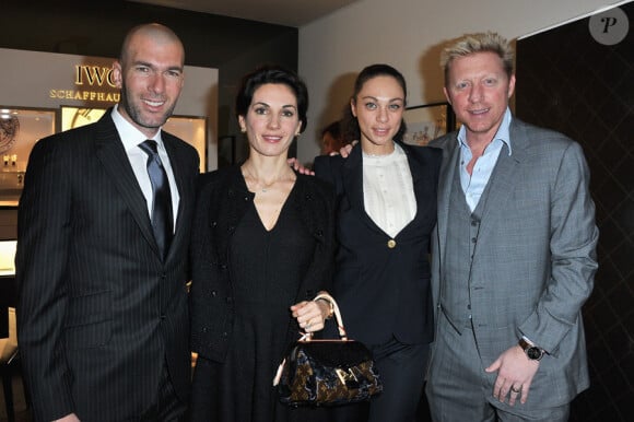 Zizou et Boom Boom avec leurs épouses lors du lancement de la collection Portofino de la marque IWC présentée au 21e Salon de la Haute Horlogerie de Genève, le 18 janvier 2011