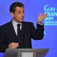 Le président Nicolas Sarkozy lors de sa conférence de presse consacrée au G20 et à l'international, au Palais de l'Elysée, le 24 janvier 2011.