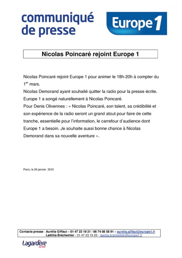 Communiqué d'Europe 1 annonçant le départ de Nicolas Demorand et l'arrivée de Nicolas Poincaré, le 26 janvier 2011