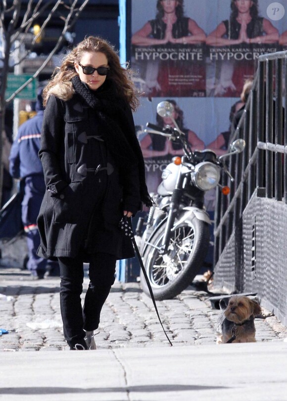 La ravissante Natalie Portman, enceinte, promène son chien Whiz (le frère du célèbre Woofy), dans les rues de Manhattan, à New York, le 8 février 2011.