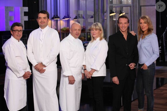 Christian Constant, Jean-François Piège, Thierry Marx, Ghislaine Arabian, Stéphane Rotenberg et Agathe Lecaron, dans Top Chef 2011