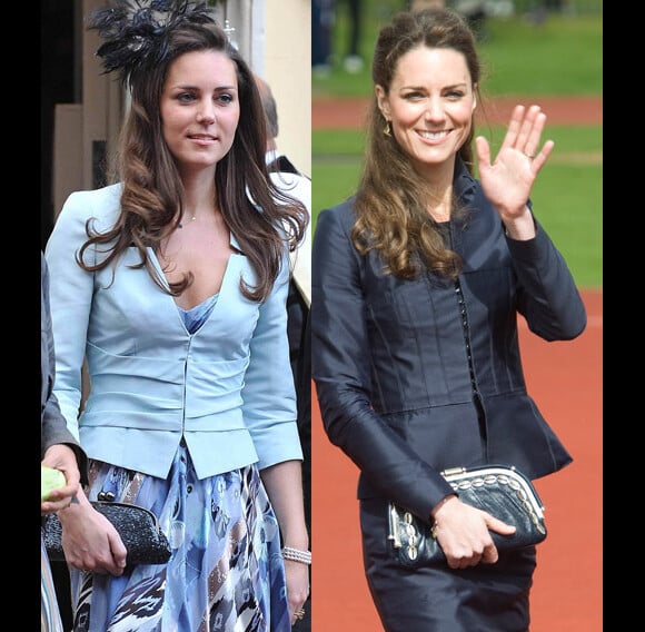 Kate Middleton a  progressivement affiné sa silhouette au  cours des années. A gauche, le 19 juillet 2008, lors du mariage de Lady Rose Windsor et de George Gilman ; à droite, en avril 2011, dans le Lancashire.