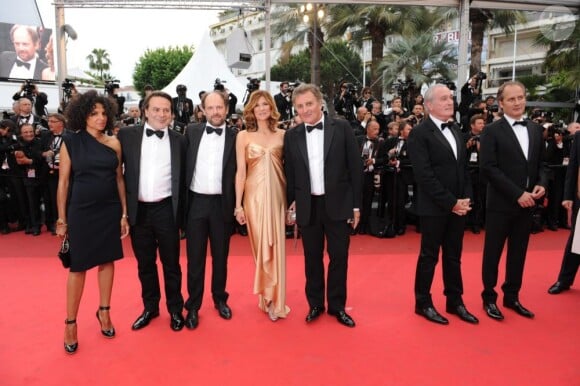 Xavier Durringer, Denis Podalydès, Florence Pernel et Patrick Rotman lors de la présentation du film La Conquête au festival de Cannes le 18 mai 2011