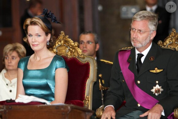 La princesse Mathilde et le prince Philippe de Belgique à l'église pour le Te Deum de la Fête Nationale, le 21 juillet 2011 au matin, à Louvain.