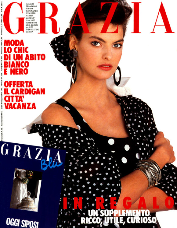 Voici en images les premières couv' du top canadien Linda Evangelista. Ici pour le magazine Grazia Italy d'avril 1986.