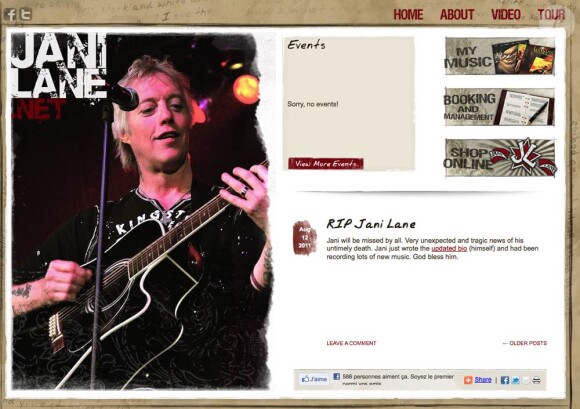 Le site officiel de Jani Lane a annoncé la mort de l'emblématique chanteur du groupe Warrant, figure de proue de la scène glam rock à Hollywood, qui a été retrouvé mort dans un hôtel de Woodland Hills, en Californie, jeudi 11 août 2011