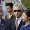 Le Secrétaire Général de l'ONU Ban Ki-Moon, Michael Douglas et la championne olympique Yuna Kim ont célébré la Journée Internationale de la Paix de l'ONU à New York le 15 septembre 2011