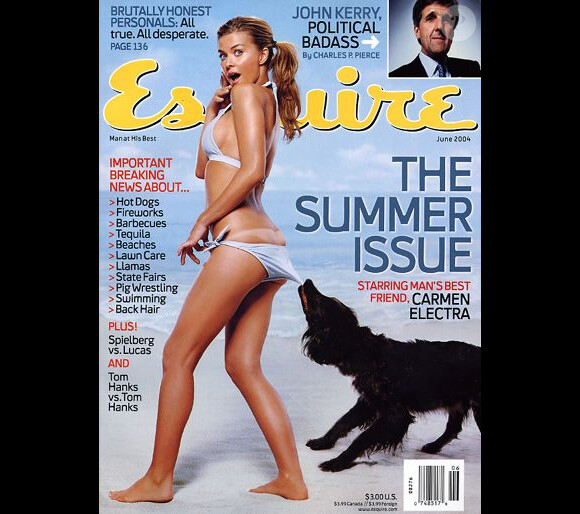 Carmen Electra, attaquée par un chien aux intentions pas très saines pour le magazine Esquire. Juin 2004.