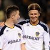 Robbie Keane et David Beckham lors de la finale de conférence de la MLS remportée par les Los Angeles Galaxy face au Real Salt Lake City (3-1) au Home Depot Center de Carson City.