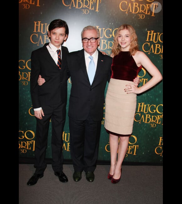 Asa Butterfield, Martin Scorsese et Chloe Moretz lors de l'avant-première du film Hugo Cabret le 6 décembre 2011