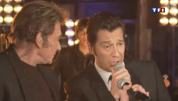 Johnny Hallyday et Laurent Gerra dans l'émission Laurent Gerra ne s'interdit rien, diffusée le samedi 10 décembre 2011 sur TF1.