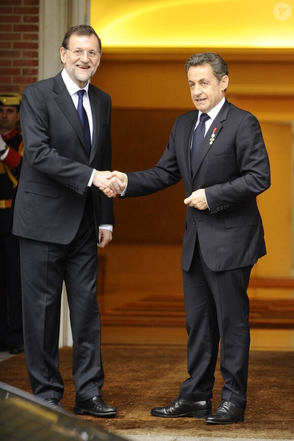 Rencontre entre Nicolas Sarkozy et Mariano Rajoy, chef du nouveau gouvernement espagnol en fonction depuis le 21 décembre 2011, à Madrid, le 16 janvier 2012.
