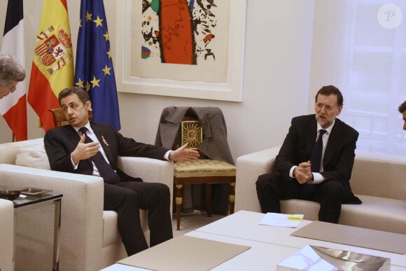Rencontre entre Nicolas Sarkozy et Mariano Rajoy, chef du nouveau gouvernement espagnol en fonction depuis le 21 décembre 2011, à Madrid, le 16 janvier 2012.