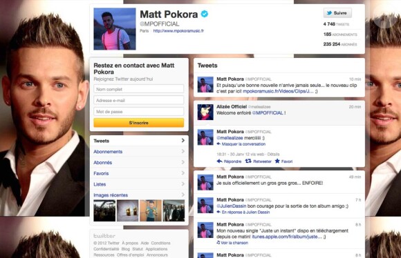 M. Pokora sur Twitter le 30 janvier 2012 : en quelques instants, l'annonce qu'il rejoint Les Enfoirés pour le spectacle 2012 et la publication de son nouveau clip.