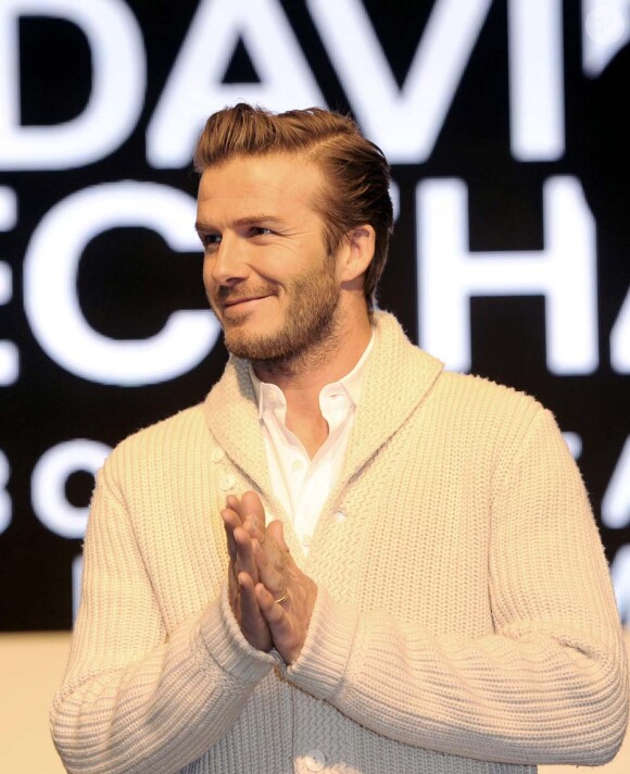 David Beckham, 36 ans, à Londres pour le lancement de sa ligne Bodywear pour H&M, le 1er février 2012.