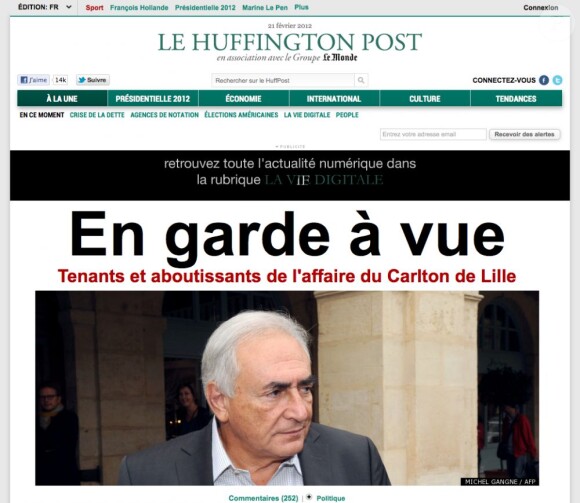 Le Huffington Post français, dirigé par Anne Sinclair, fait sa une sur le placement en garde à vue de Dominique Strauss-Kahn, le 21 février 2012.
