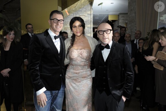 Stefano Gabbana, Monica Bellucci et Domenico Dolce lors de l'after-party Dolce & Gabbana à Milan, le 26 février 2012.