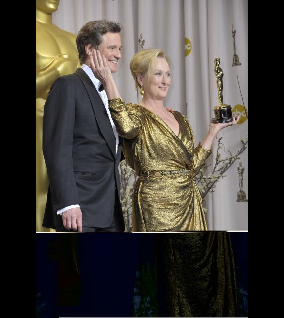 Meryl Streep, sacrée meilleure actrice, lors des Oscars le 26 février 2012, avec Colin Firth