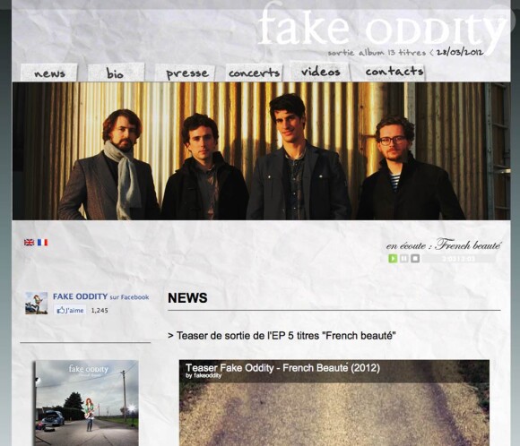 Page d'accueil du site officiel de Fake Oddity, de retour avec l'album French Beauté, à paraître le 28 mars 2012.