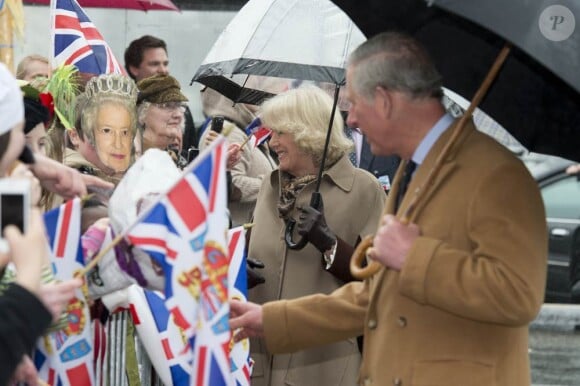 Visite à Bergen, en Norvège, le 21 mars 2012. Le prince Charles et Camilla Parker Bowles effectuaient en mars 2012 une tournée officielle en Scandinavie, en représentation de la reine Elizabeth II, dans le cadre de son jubilé de diamant.