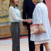 Le prince Felipe et la princesse Letizia d'Espagne présidaient le 13 juin 2012 la réunion du conseil d'administration de la Fondation Prince des Asturies, à Madrid.