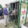 Face à un rhinocéros, le Prince William visite le parc Animalier Port Lympne Wild à Port Lympne le 6 juin 2012