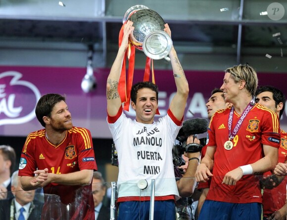 Cesc Fabregas avec Fernando Torres et Xabi Alonzo lors de la finale de l'Euro remportée par l'Espagne face à l'Italie (4-0) au stade olympique de Kiev le 1er juillet 2012