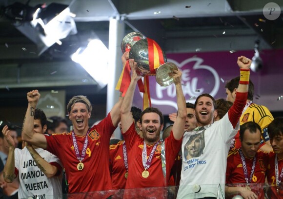 Les Espagnols lors de la finale de l'Euro remportée par l'Espagne face à l'Italie (4-0) au stade olympique de Kiev le 1er juillet 2012
