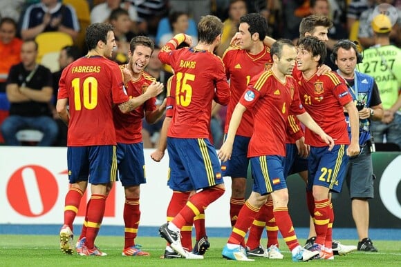Les joueurs espagnols lors de la finale de l'Euro remportée par l'Espagne face à l'Italie (4-0) au stade olympique de Kiev le 1er juillet 2012