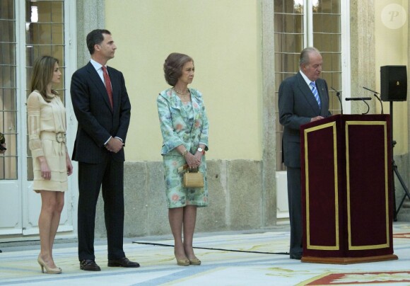 Dans son discours, le monarque a exprimé sa grande fierté... A la veille de son départ pour les JO de Londres, la délégation olympique espagnole a été reçue le 23 juillet 2012 au palais du Pardo, à Madrid, pour recevoir les voeux de réussite du roi Juan Carlos Ier d'Espagne, en présence de la reine Sofia, du prince Felipe et de la princesse Letizia.