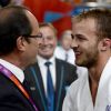François Hollande et Hugo Legrand après la médaille de bronze obtenu par ce dernier le 30 juillet 2012 durant les Jeux olympiques de Londres