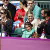 Le prince héritier Guillaume de Luxembourg et sa fiancée dans les tribunes de Wimbledon avec la princesse Alexandra et la grande-duchesse Maria Teresa, à Londres le 31 juillet 2012, pour le second tour de Gilles Muller, battu par Istomin.