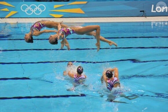 L'équipe de Grande-Bretagne de natation synchronisée a fini 6e du concours par équipes des Jeux olympiques, le 9 août 2012, sous les yeux de Kate Middleton.