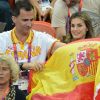 Letizia et Felipe d'Espagne, supporters mis à rude épreuve par Espagne - Corée du Sud le 11 août 2012 aux Jeux olympiques de Londres. Le prince Felipe étaient sur les nerfs, les Espagnoles ayant eu besoin de deux prolongations pour arracher la médaille de bronze (31-29).