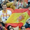 Letizia et Felipe d'Espagne devant Espagne - Corée du Sud le 11 août 2012 aux Jeux olympiques de Londres. Le prince Felipe étaient sur les nerfs, les Espagnoles ayant eu besoin de deux prolongations pour arracher la médaille de bronze (31-29).