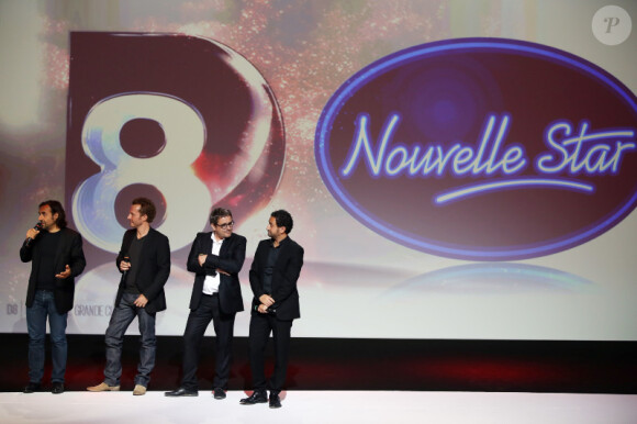 André Manoukian, Sinclair, Olivier Bas et Cyril Hanouna lors de la conférence de presse de lancement de la chaîne D8, au carrousel du Louvre, le 20 septembre 2012