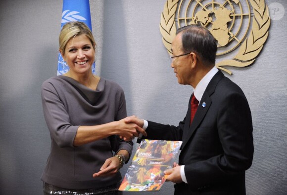 La princesse Maxima des Pays-Bas avec Ban-Ki Moon lors de l'assemblée générale de l'ONU, le 24 septembre 2012